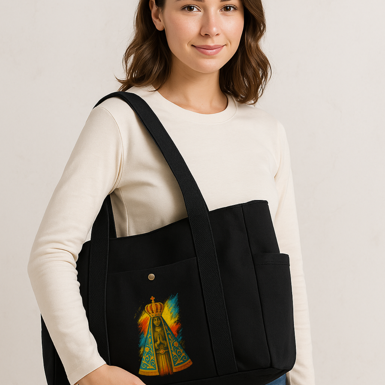 Bolsa Sacola De Algodão Cru Nossa Senhora Aparecida Com Zíper