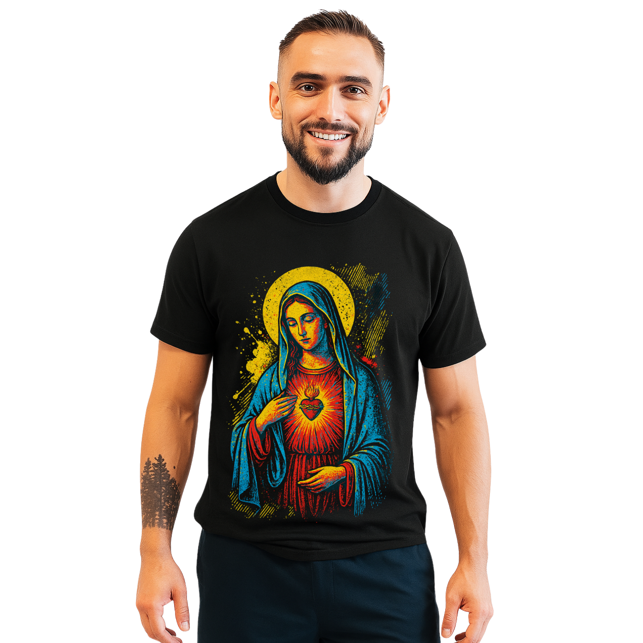 Camiseta Masculina Algodão Virgem Maria Fé e Proteção