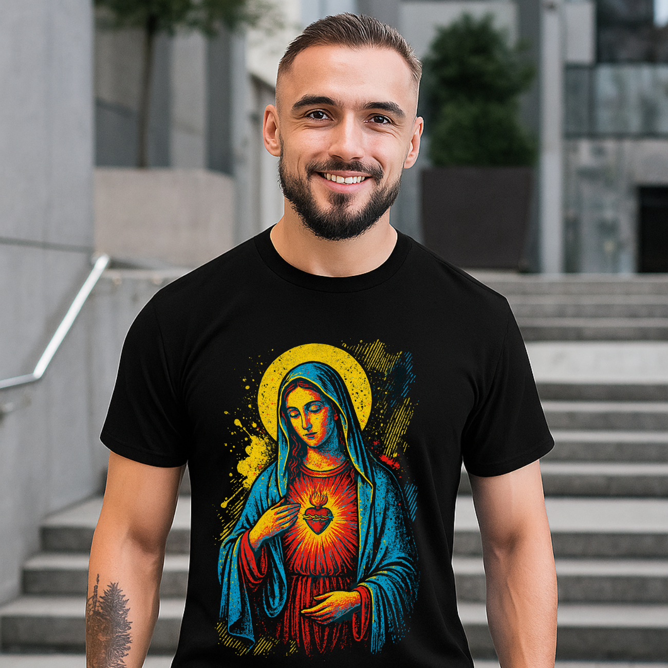 Camiseta Masculina Algodão Virgem Maria Fé e Proteção
