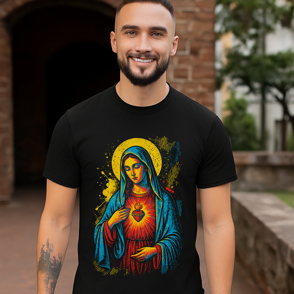 Camiseta Masculina Algodão Virgem Maria Fé e Proteção