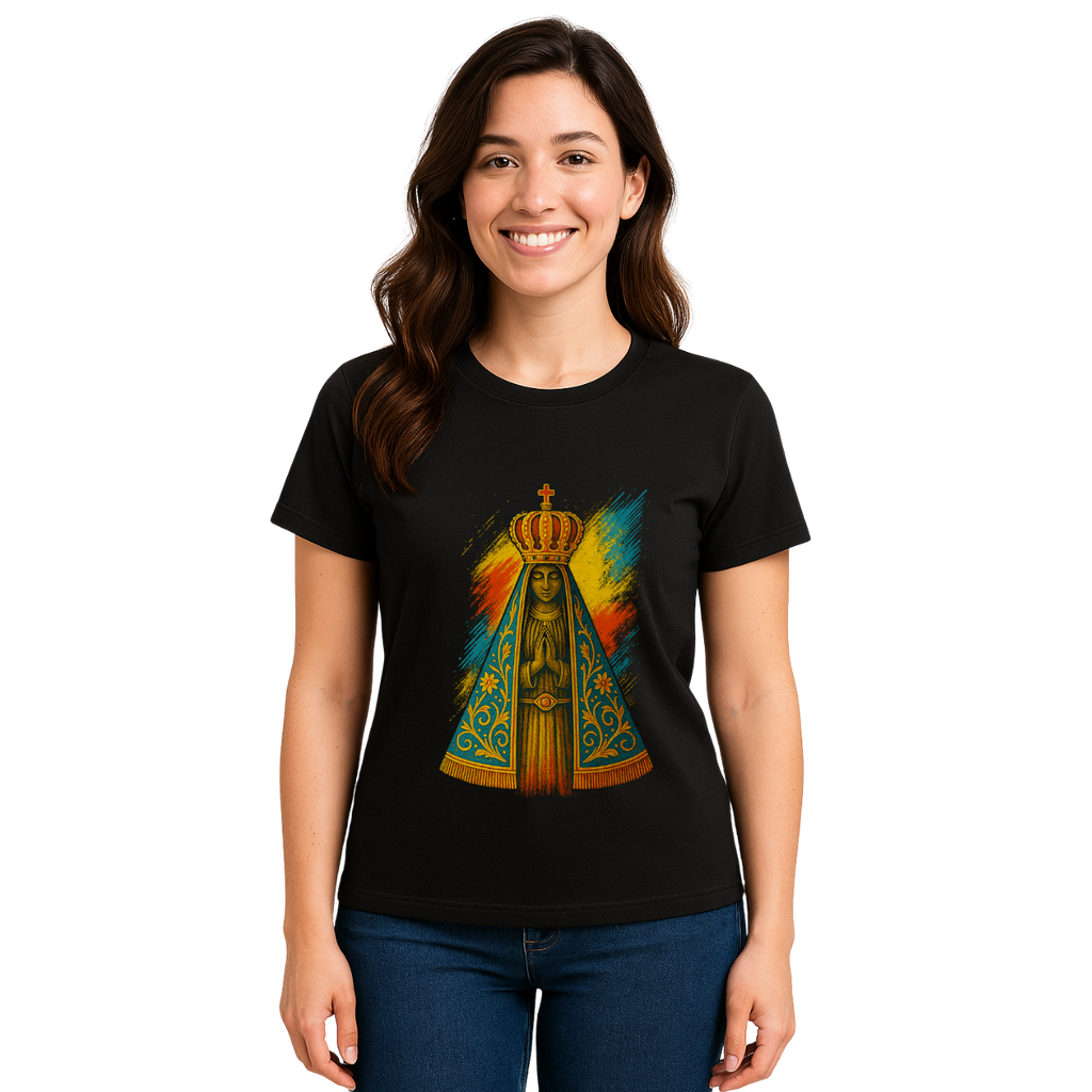 Camiseta Feminina Algodão Nossa Senhora Aparecida Fé E Proteção