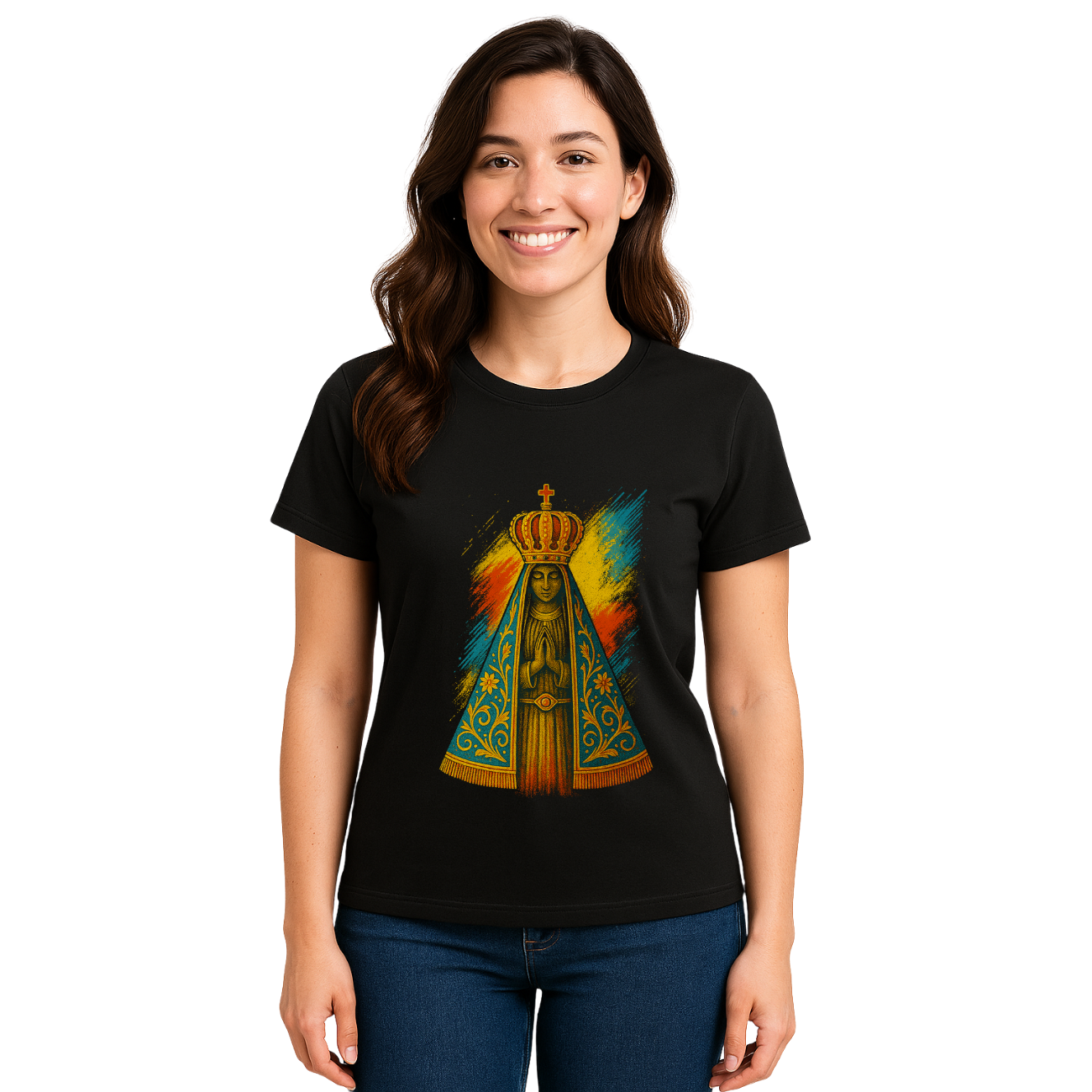Camiseta Feminina Algodão Nossa Senhora Aparecida Fé E Proteção