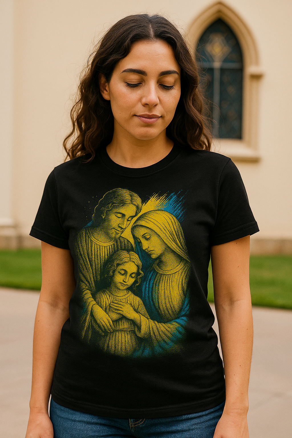 Camiseta Feminina Sagrada Família Estilo Fé E Proteção