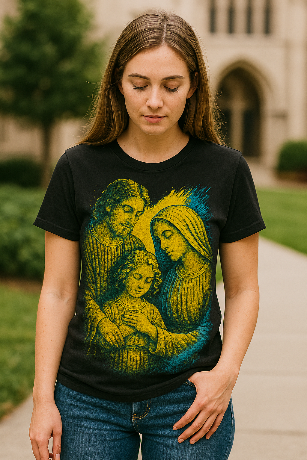 Camiseta Feminina Sagrada Família Estilo Fé E Proteção