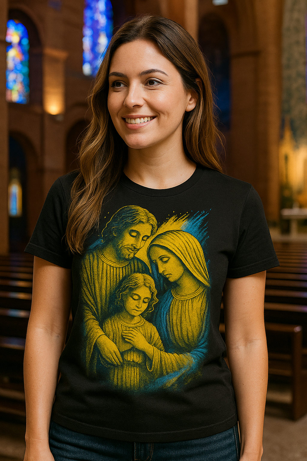 Camiseta Feminina Sagrada Família Estilo Fé E Proteção